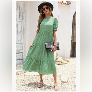 Green and white midi dress puff sleeves